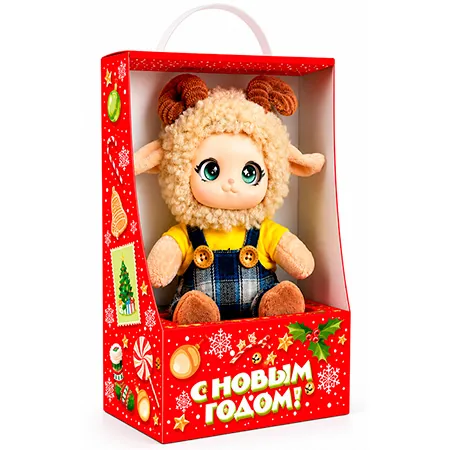 Игрушка-барашек в комбинезоне в красной коробке